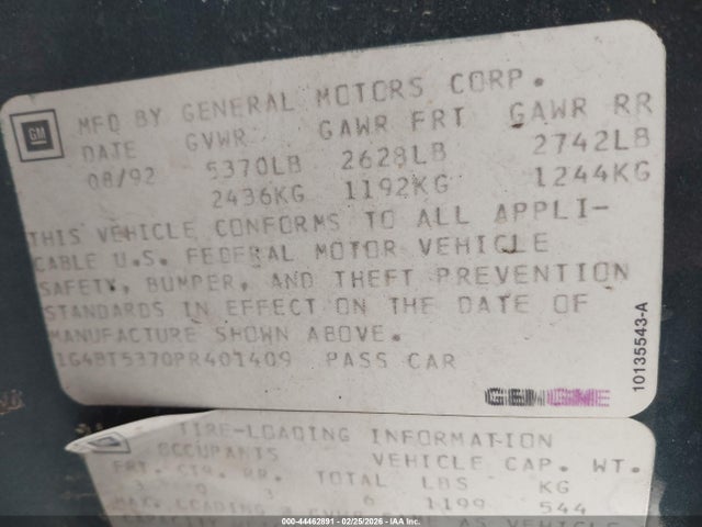 44462891 :رقم المزاد ، 1G4BT5370PR401409 vin ، 1993 Buick Roadmaster Limited مزاد بيع