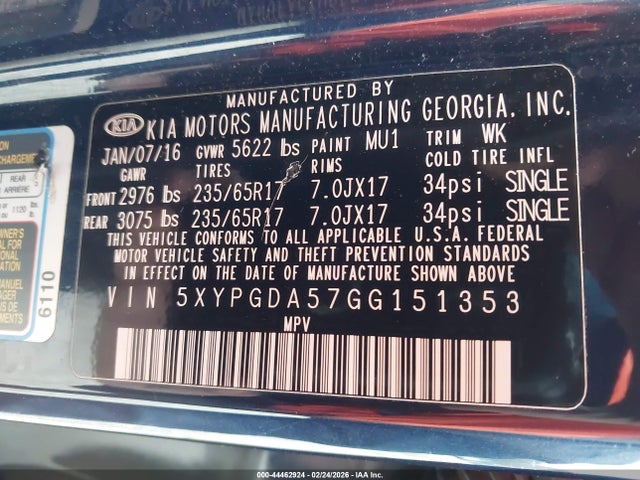 2016 Kia Sorento 3.3l Lx მანქანა იყიდება აუქციონზე, vin: 5XYPGDA57GG151353, აუქციონის ნომერი: 44462924