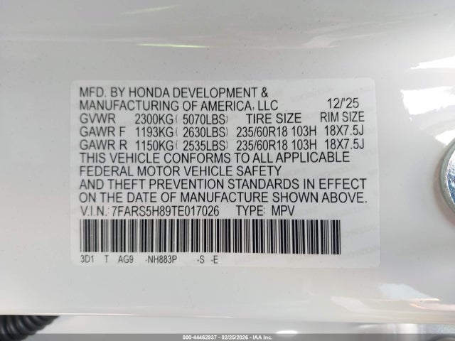 7FARS5H89TE017026 Honda Cr-v Hybrid 2wd Sport-l