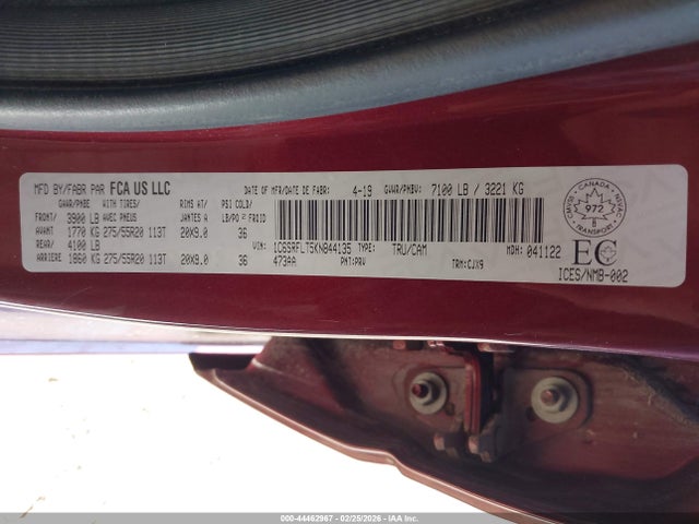 44462967 :رقم المزاد ، 1C6SRFLT5KN844135 vin ، 2019 Ram 1500 Rebel مزاد بيع