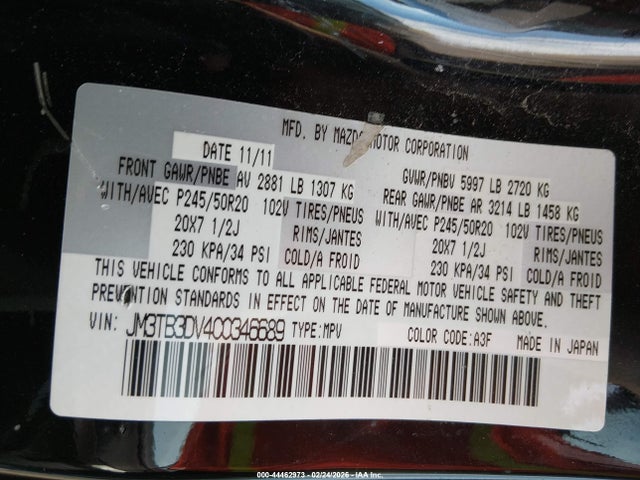 Aukcja sprzedaży 2012 Mazda Cx-9 Grand Touring, vin: JM3TB3DV4C0346689, numer aukcji: 44462973