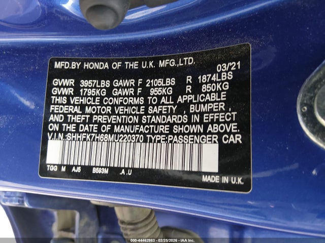 2021 HONDA CIVIC SHHFK7H68MU220370 Photo 8