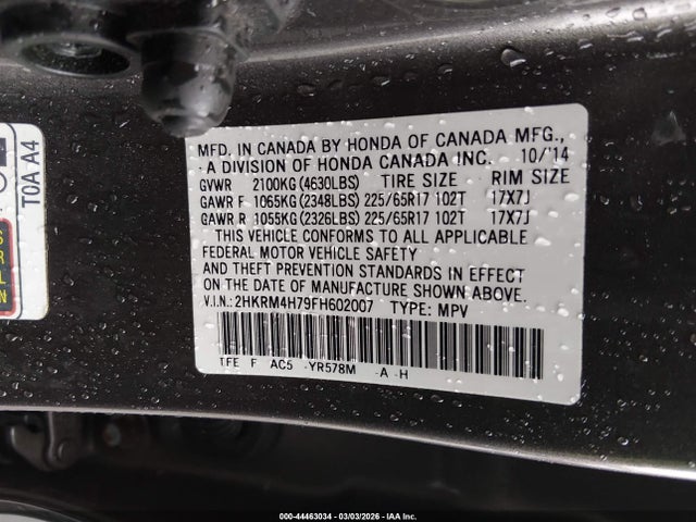44463034 :رقم المزاد ، 2HKRM4H79FH602007 vin ، 2015 Honda Cr-v Ex-l مزاد بيع