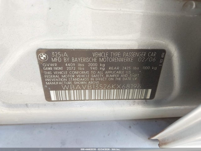 Aukcja sprzedaży 2006 Bmw 325i, vin: WBAVB13526KX68196, numer aukcji: 44463039