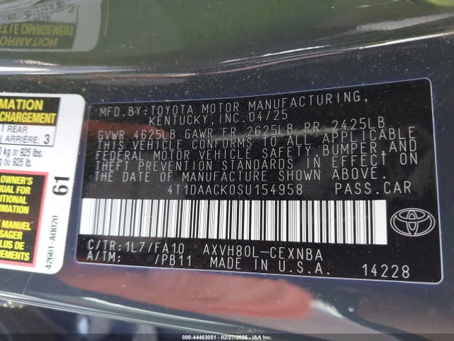 44463051 :رقم المزاد ، 4T1DAACK0SU154958 vin ، 2025 Toyota Camry Le مزاد بيع