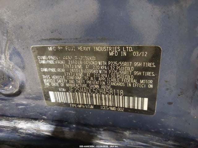2012 Subaru Forester 2.5x Premium მანქანა იყიდება აუქციონზე, vin: JF2SHADC5CH458118, აუქციონის ნომერი: 44463094
