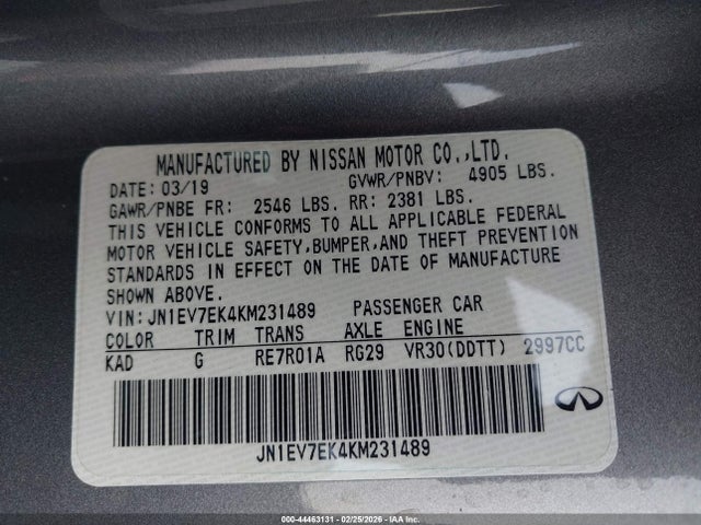 Aukcja sprzedaży 2019 Infiniti Q60 3.0t Luxe, vin: JN1EV7EK4KM231489, numer aukcji: 44463131