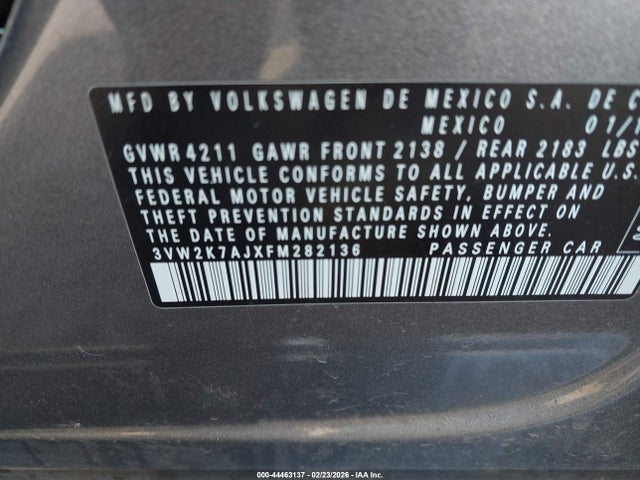 2015 Volkswagen Jetta 2.0l S მანქანა იყიდება აუქციონზე, vin: 3VW2K7AJXFM282136, აუქციონის ნომერი: 44463137