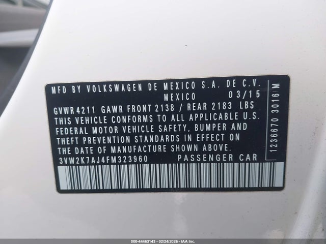 Продаж на аукціоні авто 2015 Volkswagen Jetta 2.0l S, vin: 3VW2K7AJ4FM323960, номер лоту: 44463143