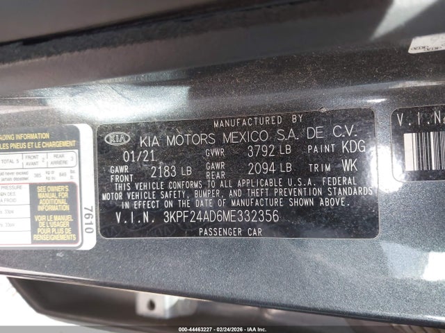 44463227 :رقم المزاد ، 3KPF24AD6ME332356 vin ، 2021 Kia Forte Lxs مزاد بيع