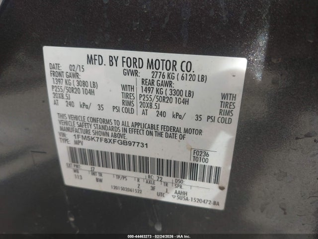 44463273 :رقم المزاد ، 1FM5K7F8XFGB97731 vin ، 2015 Ford Explorer Limited مزاد بيع