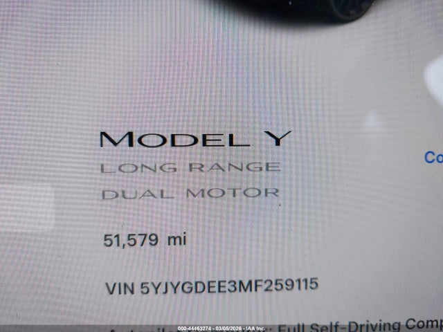 Aukcja sprzedaży 2021 Tesla Model Y Long Range Dual Motor All-wheel Drive, vin: 5YJYGDEE3MF259115, numer aukcji: 44463274