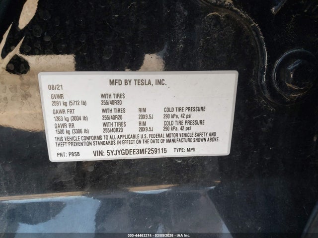 Aukcja sprzedaży 2021 Tesla Model Y Long Range Dual Motor All-wheel Drive, vin: 5YJYGDEE3MF259115, numer aukcji: 44463274