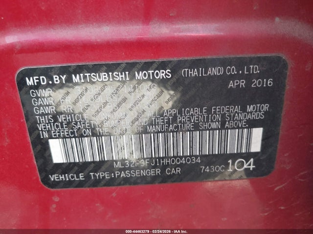 44463279 :رقم المزاد ، ML32F3FJ1HH004034 vin ، 2017 Mitsubishi Mirage G4 Es مزاد بيع