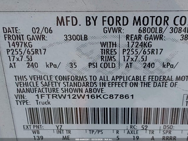 2006 FORD F-150 1FTRW12W16KC87861 Photo 8