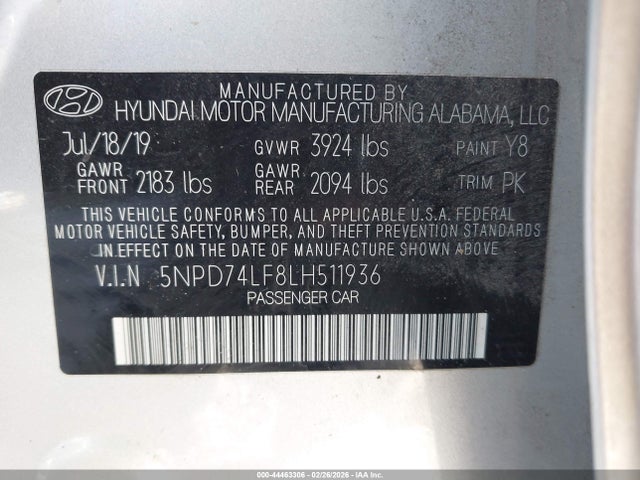 Auction sale of the 2020 Hyundai Elantra Se, vin: 5NPD74LF8LH511936, lot number: 44463306