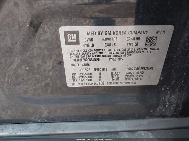 2016 Buick Encore მანქანა იყიდება აუქციონზე, vin: KL4CJESB2GB647630, აუქციონის ნომერი: 44463337