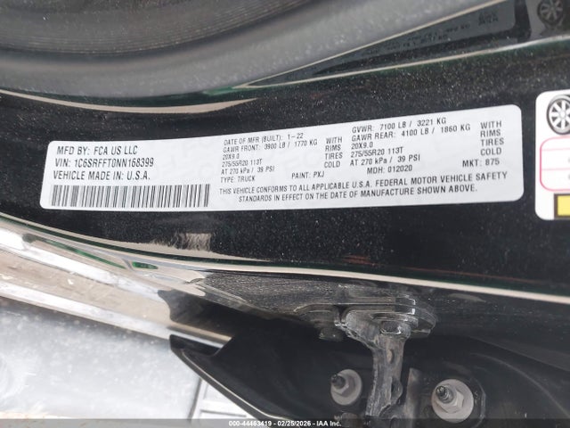 44463419 :رقم المزاد ، 1C6SRFFT0NN168399 vin ، 2022 Ram 1500 Big Horn  4x4 5'7 Box مزاد بيع