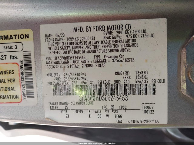 44463424 :رقم المزاد ، 3FA6P0HD3LR245463 vin ، 2020 Ford Fusion Se مزاد بيع