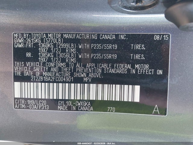 44463437 :رقم المزاد ، 2T2ZB1BA2FC004901 vin ، 2015 Lexus Rx 450h مزاد بيع
