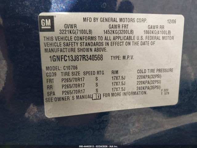 Продаж на аукціоні авто 2007 Chevrolet Tahoe Lt, vin: 1GNFC13J87R340568, номер лоту: 44463513