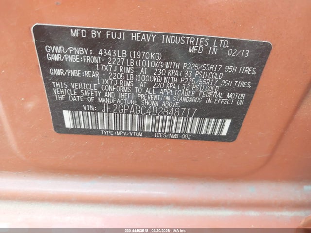 Aukcja sprzedaży 2013 Subaru Xv Crosstrek 2.0i Limited, vin: JF2GPAGC4D2848717, numer aukcji: 44463518