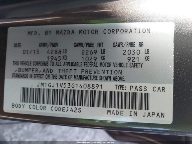 44463547 :رقم المزاد ، JM1GJ1V53G1408891 vin ، 2016 Mazda Mazda6 I Touring مزاد بيع