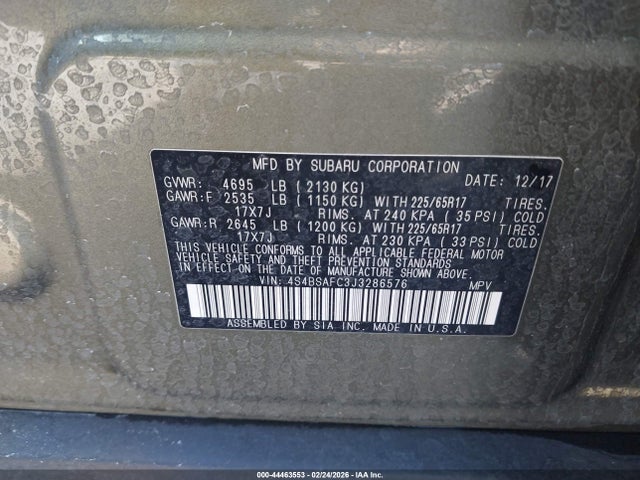 Aukcja sprzedaży 2018 Subaru Outback 2.5i Premium, vin: 4S4BSAFC3J3286576, numer aukcji: 44463553