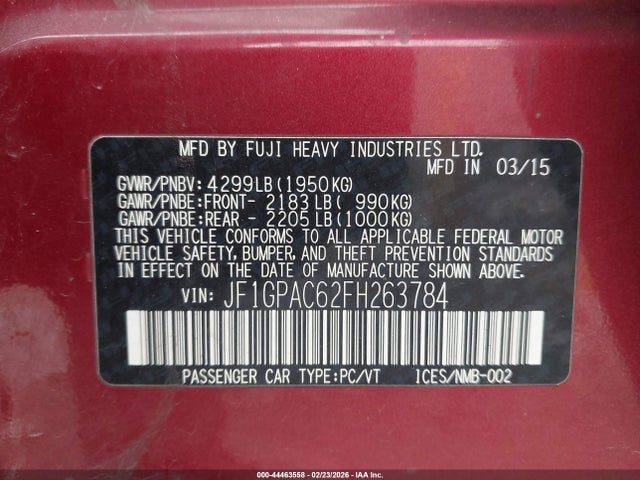 Продаж на аукціоні авто 2015 Subaru Impreza 2.0i Premium, vin: JF1GPAC62FH263784, номер лоту: 44463558