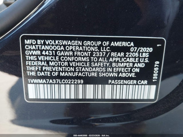 44463568 :رقم المزاد ، 1VWMA7A37LC022299 vin ، 2020 Volkswagen Passat 2.0t R-line مزاد بيع