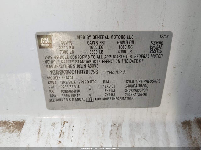 Продаж на аукціоні авто 2017 Chevrolet Tahoe Lt, vin: 1GNSKBKC1HR200793, номер лоту: 44463610