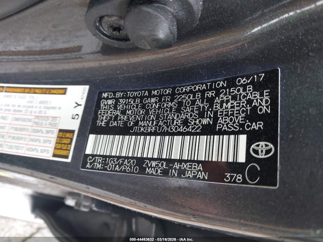 Продажа на аукционе авто 2017 Toyota Prius Two, vin: JTDKBRFU7H3046422, номер лота: 44463632