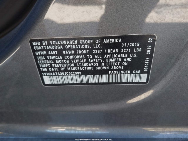 Продаж на аукціоні авто 2018 Volkswagen Passat 2.0t R-line/2.0t S, vin: 1VWAA7A30JC022399, номер лоту: 44463645
