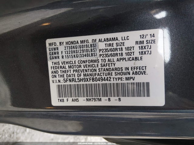 5FNRL5H9XFB049442 Honda Odyssey Touring/touring Elite