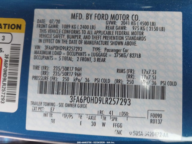 Ford FUSION SE 2020 3FA6P0HD9LR257293 Image 9