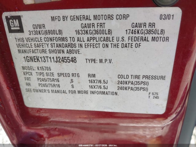 2001 CHEVROLET TAHOE 1GNEK13T11J245548 Photo 8