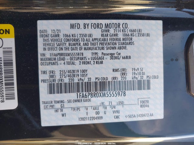 2021 FORD MUSTANG 1FA6P8R0XM5555978 Photo 8