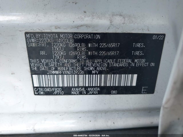 JTMMWRFVXND139236 Toyota Rav4 Hybrid Le