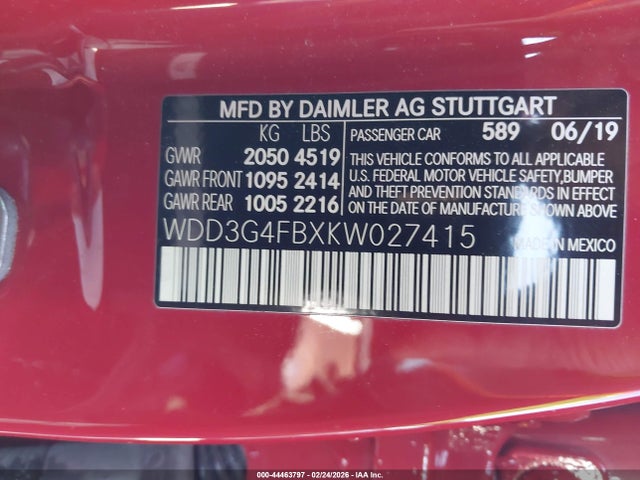 44463797 :رقم المزاد ، WDD3G4FBXKW027415 vin ، 2019 Mercedes-benz A 220 4matic مزاد بيع