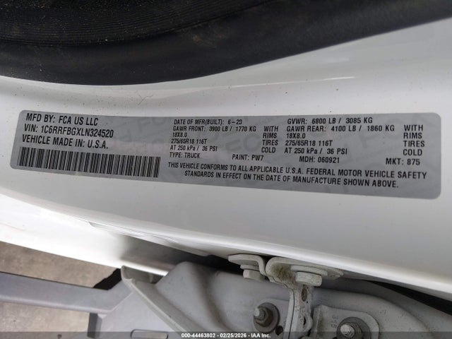 Продаж на аукціоні авто 2020 Ram 1500 Big Horn  4x4 6'4 Box, vin: 1C6RRFBGXLN324520, номер лоту: 44463802