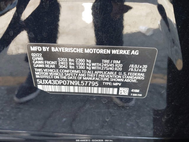 Продажа на аукционе авто 2022 Bmw X3 Sdrive30i, vin: 5UX43DP07N9L57795, номер лота: 44463813