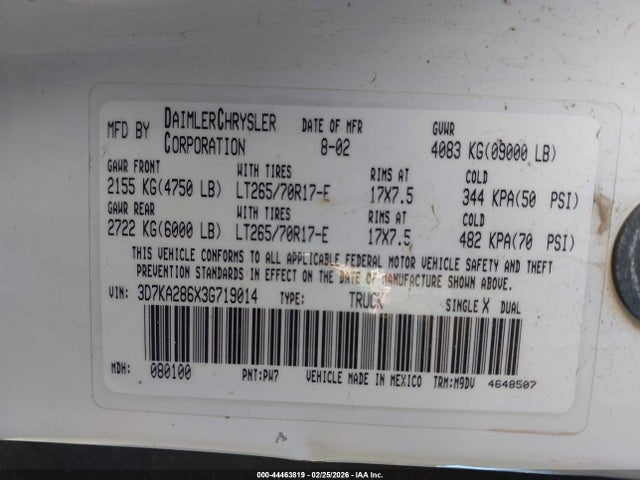 Aukcja sprzedaży 2003 Dodge Ram 2500 Slt/laramie/st, vin: 3D7KA286X3G719014, numer aukcji: 44463819