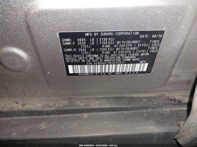 Продажа на аукционе авто 2019 Subaru Outback 2.5i Premium, vin: 4S4BSAFC3K3222037, номер лота: 44463864