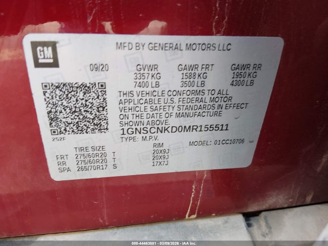 1GNSCNKD0MR155511 Chevrolet Tahoe 2wd Lt