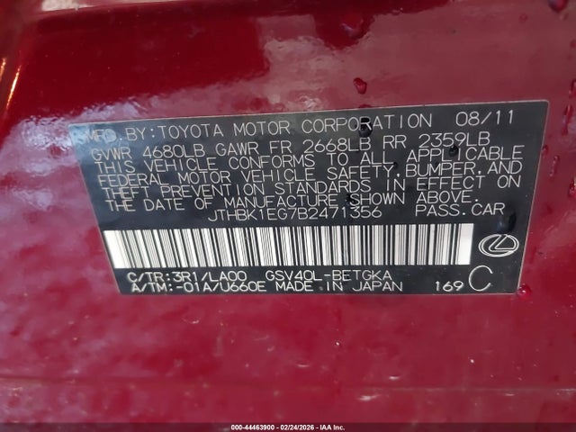 44463900 :رقم المزاد ، JTHBK1EG7B2471356 vin ، 2011 Lexus Es 350 مزاد بيع