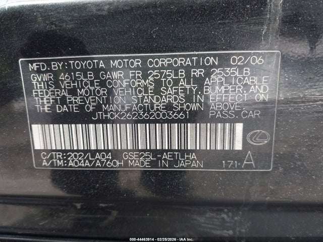 Продажа на аукционе авто 2006 Lexus Is 250, vin: JTHCK262362003661, номер лота: 44463914