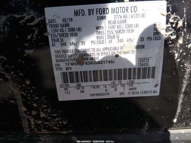 44463927 :رقم المزاد ، 1FM5K7F83KGB21746 vin ، 2019 Ford Explorer Limited مزاد بيع