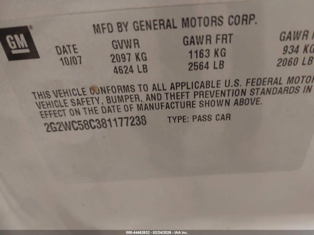 2008 Pontiac Grand Prix Gxp მანქანა იყიდება აუქციონზე, vin: 2G2WC58C381177238, აუქციონის ნომერი: 44463932