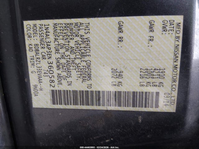 1N4AL3AP3EN360582 Nissan Altima 2.5 S