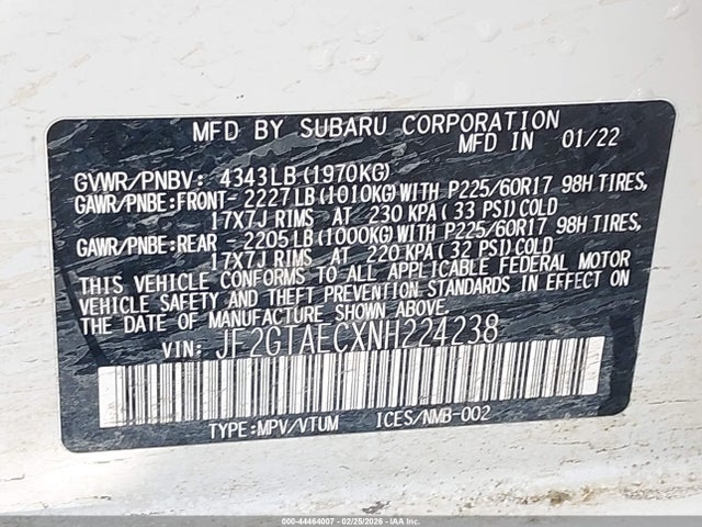 44464007 :رقم المزاد ، JF2GTAECXNH224238 vin ، 2022 Subaru Crosstrek Premium مزاد بيع